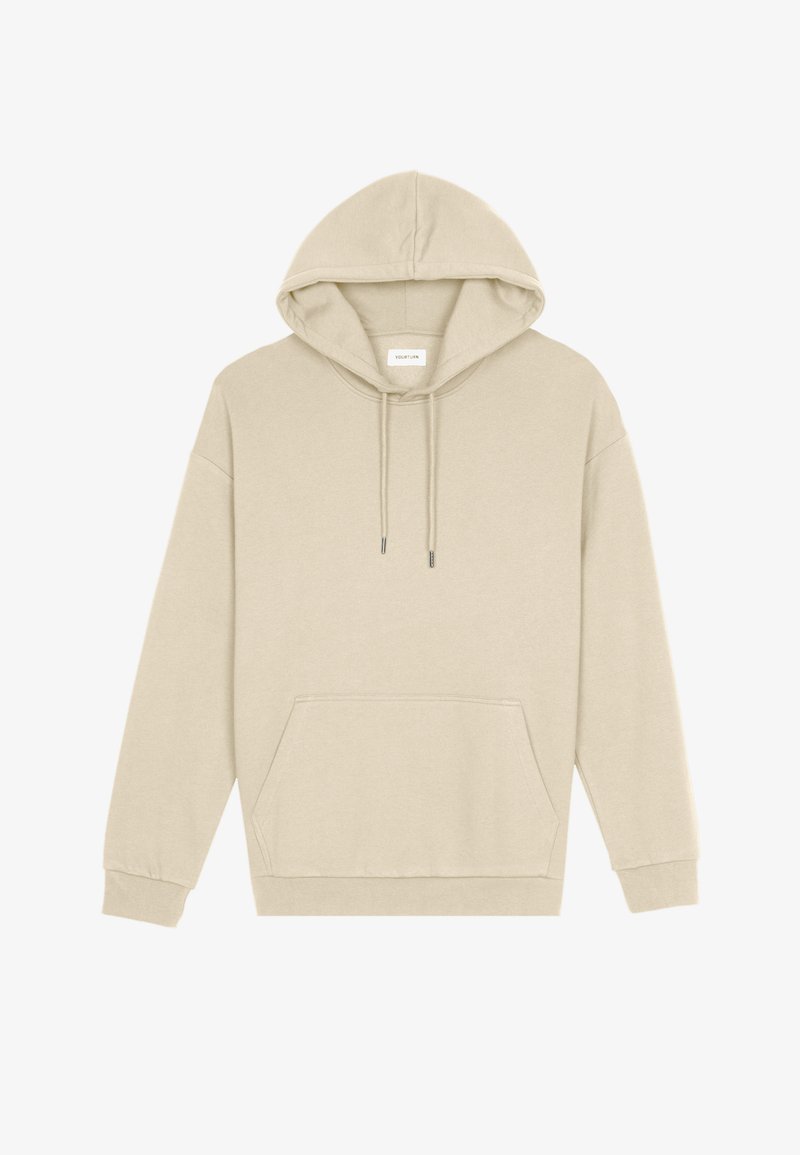 Kaki dukserica s kapuljačom koja ima prednji džep, rupice za vezanje i rebraste manžetne. Izrađena od mekog pamuka, pruža udobnost i toplinu.