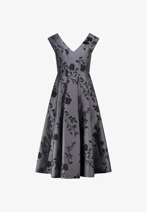 Abito grigio a fiori con scollo a V, maniche a campana e gonna svasata. Realizzato in un tessuto liscio con accenti floreali neri.