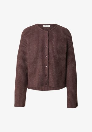 Dunkelburgunderfarbener Strickcardigan mit rundem Halsausschnitt, langen Ärmeln und vorderem Knopfverschluss; verfügt über ein strukturiertes, geripptes Design.