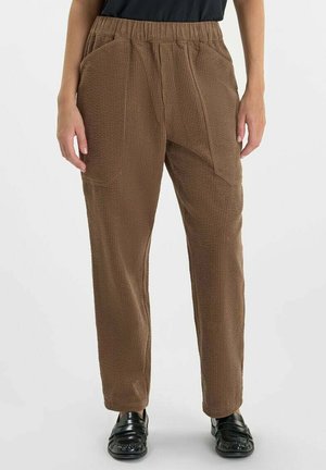 Persona che indossa pantaloni dritti marroni con texture, dotati di tasche laterali e scarpe nere slip-on, in piedi su uno sfondo semplice.