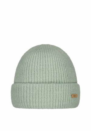 Gorro de punto verde claro con puño doblado y pequeña etiqueta rectangular marrón en el lateral.