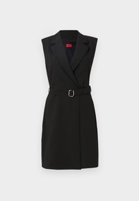 Black sleeveless blazer dress with a tailored design, featuring a belted waist, sharp lapels, and a structured silhouette.