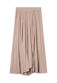 Gonna plissettata beige con vita elastica, realizzata in tessuto leggero, caratterizzata da un design fluido e orlo asimmetrico.