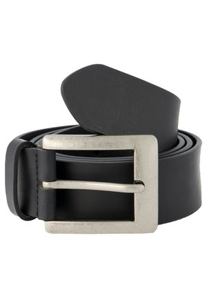Ceinture en cuir noir avec une boucle rectangulaire en argent, présentant une texture lisse et un design classique ; longueur ajustable pour un ajustement parfait.