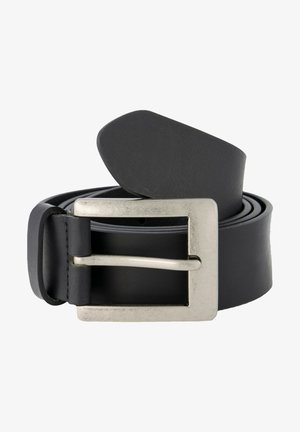 Ceinture en cuir noir avec une boucle rectangulaire en argent, présentant une texture lisse et un design classique ; longueur ajustable pour un ajustement parfait.