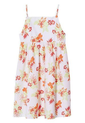 Robe florale en tissu léger. Dotée de fines bretelles, d'un corsage ajusté et d'une jupe évasée avec des motifs de fleurs rouges, oranges et vertes.