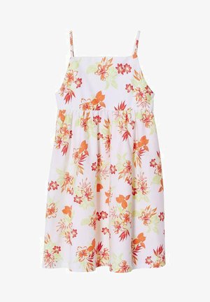 Robe florale en tissu léger. Dotée de fines bretelles, d'un corsage ajusté et d'une jupe évasée avec des motifs de fleurs rouges, oranges et vertes.