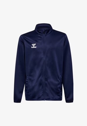 Doi copii purtând jachete și pantaloni sport bleumarin de la Hummel, stând unul lângă altul pe un fundal simplu.