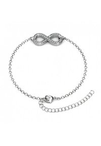 Bracciale in argento con un centro simbolo dell'infinito, adornato con cristalli trasparenti, collegato da una catena con chiusura a moschettone e catena di estensione.