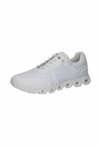 White athletic shoe made of mesh and synthetic materials, featuring a textured surface, lace-up closure, and a uniquely shaped sole with hexagonal cutouts.