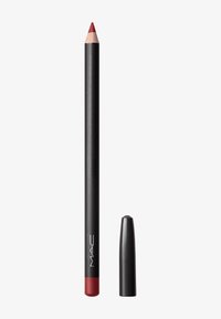 Red lip pencil with a sharpened point, housed in a black cylindrical casing with a matte finish and a removable cap.