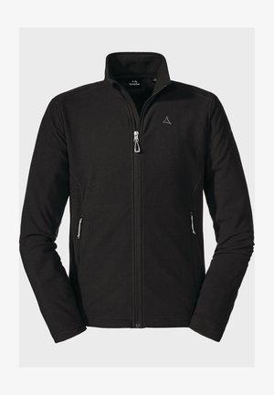 Schwarze Fleecejacke mit hohem Kragen, durchgehendem Reißverschluss und zwei seitlichen Reißverschlusstaschen. Mit einem Logo auf der linken Brust.