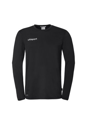 Zwart sportshirt met lange mouwen met het "uhlsport"-logo op de borst en een vochtafvoerende "climacool"-label nabij de zoom.