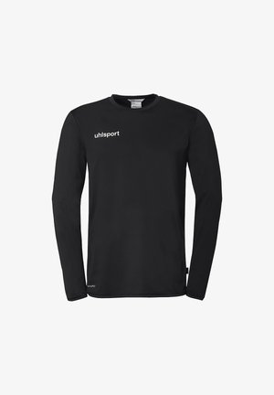 T-shirt de sport à manches longues noir avec le logo "uhlsport" sur la poitrine et une étiquette "climacool" évacuant l'humidité près de l'ourlet.