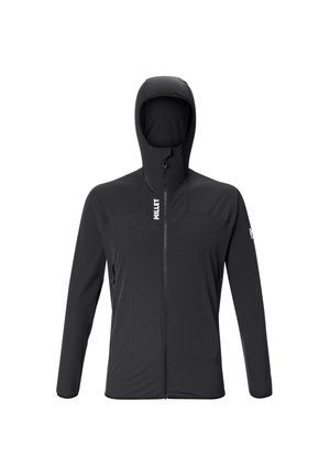 Veste légère noire à fermeture éclair intégrale avec capuche, manches longues et logo "MILLET" sur la poitrine et le bras gauche.