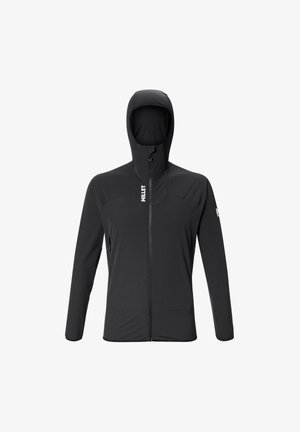 Veste légère noire à fermeture éclair intégrale avec capuche, manches longues et logo "MILLET" sur la poitrine et le bras gauche.