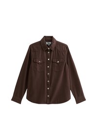 Bruine denim shirt met een knoopsluiting aan de voorkant, twee borstzakken, een puntige kraag en lange mouwen met knoopsluiting.