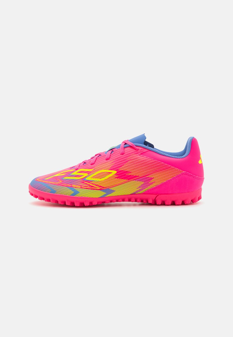 Pink and yellow cleats with a textured design, featuring a blue accent on the heel and vibrant graphics along the sides.