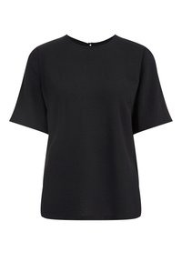 Černé tričko s krátkým rukávem vyrobené z texturované látky. Má kulatý výstřih a malý knoflíkový uzávěr na zádech.