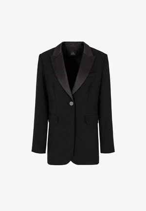 Blazer nero con revers in satin, chiusura a un bottone, due tasche frontali e maniche lunghe. Tessuto liscio con una vestibilità aderente.