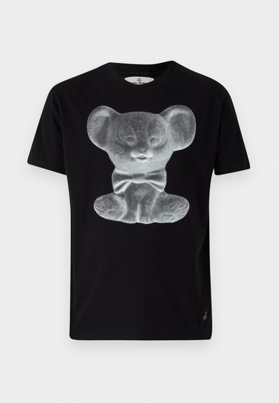 Black cotton T-shirt featuring a gray, graphic print of a bear with a bow tie. Short sleeves and a round neckline.