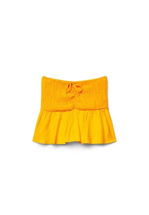 Haut bustier jaune vif avec section supérieure froncée, petit nœud décoratif au centre, et ourlet à volants évasés.