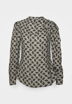 Langarmbluse in hellbeige mit einem schwarzen Blättermuster, Rundhalsausschnitt und gerafftem Schulterdesign. Glatte Textur und abgerundeter Saum.