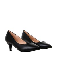 Paire d'escarpins pour femmes en cuir noir à talons bas avec bouts pointus et doublure intérieure beige sur fond blanc.
