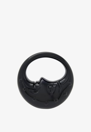 Sort keramisk dekorativ skål med en afrundet form, der har et stiliseret ansigtdesign og teksturerede detaljer omkring kanten.