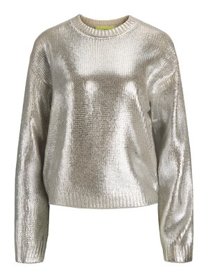 Metalen zilveren pullover trui met een textuur gebreid ontwerp, ronde hals en ribbels aan de mouwen. Lichtgewicht en iets oversized fit.