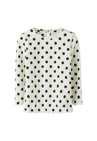 Zwarte stippen op een witte achtergrond, lange mouwen, ribbelstructuur, ronde halslijn met een kleine knoop en sleutelgatopening op de achterkant.