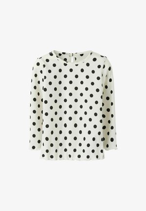 Melni punkti uz baltas fona, garas piedurknes, ribota tekstūra, apaļa kleita ar mazu pogu un atslēgas caurumu aizmugurē.