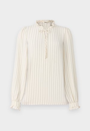 Langärmlige cremefarbene Bluse mit navyblauen vertikalen Streifen, Rüschenspitze am Kragen und Knopf-Schlitzdetail; elastische Bündchen mit Rüschendetails.