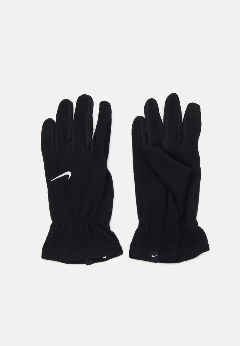 Sorte fleecehandsker med en tætsiddende pasform, der har et hvidt Nike-logo. Designet inkluderer elastiske manchetter for varme og komfort.