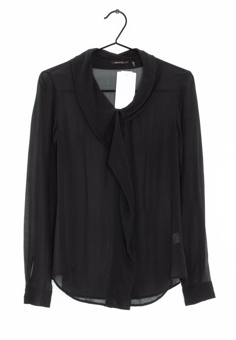 Schwarze transparente Bluse mit einem breiten Kragen, langen Ärmeln und einem drapierten Design vorne. Sie hat eine offene Vorderseite und einen abgerundeten Saum.