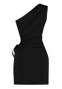 Zwart een-schouderjurk van zachte stof, met een gedrapeerd ontwerp, geplooide details aan de zijkant en een verstelbare strik voor een goede pasvorm.