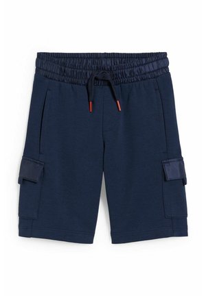 Shorts bleu marine à taille élastique avec cordon, poches cargos latérales avec rabats et texture côtelée sur les côtés des poches et à la taille.