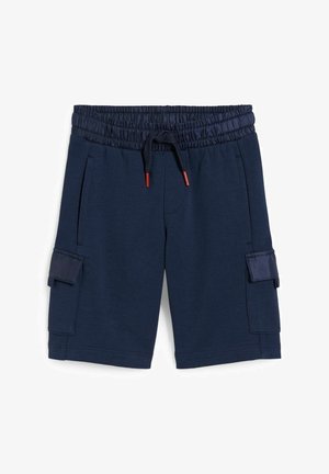 Shorts bleu marine à taille élastique avec cordon, poches cargos latérales avec rabats et texture côtelée sur les côtés des poches et à la taille.