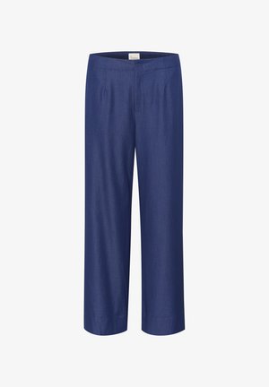 Pantalones de pierna ancha de color azul marino, fabricados en un tejido suave, que presentan pliegues en la parte delantera y una cinturilla entallada. Corte recto con un diseño minimalista.