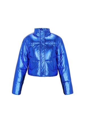 Bright metallic blue cropped puffer jacket with high collar, long sleeves, front zipper, and side pockets, displayed on white background.