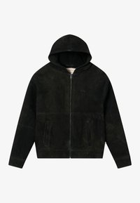 Black suede zip-up hoodie with front pockets and a soft inner lining, displayed flat on a white background.