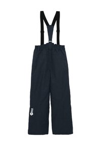 Pantalons de neige bleu marine avec bretelles noires ajustables, taille élastique et un logo blanc sur le bas de la jambe gauche.