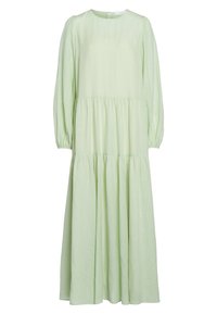 Robe midi vert clair à manches longues, taille et ourlet froncés, encolure ronde et poignets élastiqués.