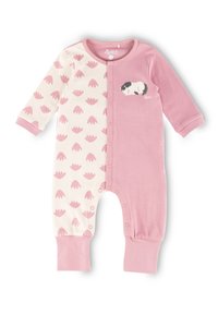 Pink and cream onesie made of soft fabric, featuring a half with pink floral pattern and half solid pink, with a sheep graphic on the chest.