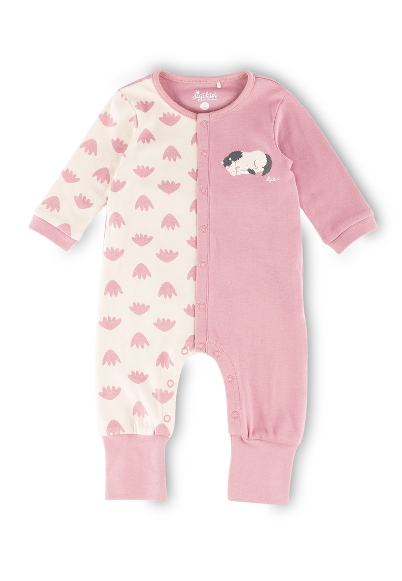 Pink and cream onesie made of soft fabric, featuring a half with pink floral pattern and half solid pink, with a sheep graphic on the chest.