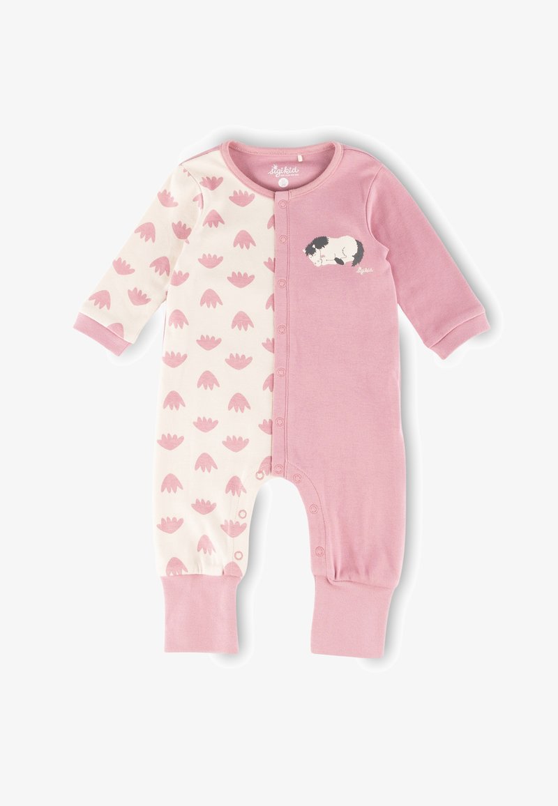 Rosa und cremefarbener Ganzkörperanzug aus weichem Stoff, der zur Hälfte mit einem rosa Blumendesign und zur anderen Hälfte einfarbig rosa ist, mit einem Schaf-Grafik auf der Brust.