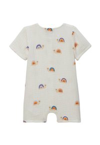 Rompers à manches courtes en tissu doux blanc, présentant un motif répété d'escargots souriants et d'arc-en-ciel aux couleurs pastel.