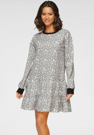 Kleid mit Leopardenmuster aus weichem Stoff, mit ausgestellter Form, langen Ärmeln mit schwarzen Bündchen und einem gestuften Rockdesign.
