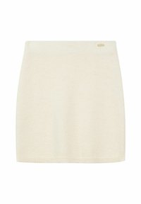 Krótka, kremowa spódnica dzianinowa o dopasowanym kroju i subtelnej teksturze, z małym złotym logo na przodzie.