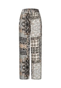 Vide bukser med et mønster i svart, hvitt og beige lapptenkningsdesign. Mykt stoff, elastisk midjeband med justerbar snor.